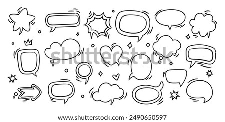 Speech bubbles. Empty comic dialog boxes. Hand drawn text places. Funny doodle style. Various outline shapes. Communication windows. Dialogue stickers. Thinking clouds