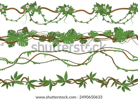 Jungle lianas borders. Cartoon branches and tropical leaves. Rainforest plant foliage. Intertwining creepers. Curly stems. Summer forest moss. Climbing vine. Vector ivy