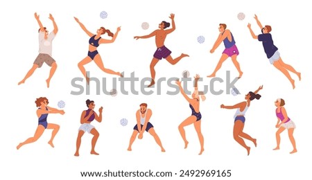 People play volleyball at beach. Players serving and hitting ball. Sports competitive game. Athletes in swimsuits and shorts. Volleyballers poses. Outdoor tournament