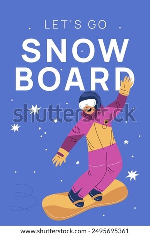 Winter sports people. Snowboarding athlete. Snowboarder in sportswear. Person rides from snow slope. Extreme mountain vacation. Freestyle downhill competition. Vector