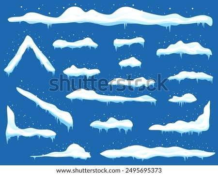 Snow caps. Cartoon snowdrifts. Different shapes with icicles. Winter frame decorations. Snowy roof. Cold season effect. Icy heaps. Distribution by form. White frozen