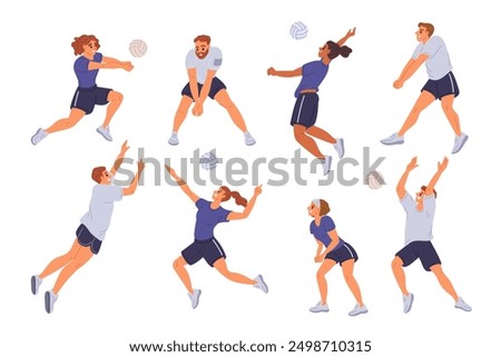 Volleyball players. Professional athletes in dynamic poses. People hit and serve ball with hands. Man jumping. Woman throwing. Volleyballer exercises. Competition court