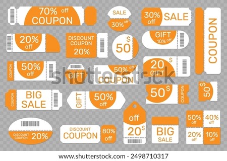 Coupon promotion templates. Discount and sale tickets. Paper gift voucher with perforation and barcode. Special offers. Hot price certificate. Different shapes. Promo