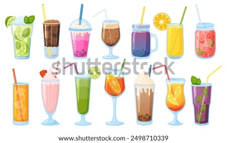 Summer tasty drinks. Non alcoholic refreshing beverages. Cold lemonades. Fresh juices. Smoothies or milkshakes with ice cubes. Mint mojito. Soda glasses with straws