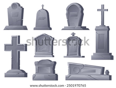 Cartoon cemetery gravestones. Medieval stone grave crosses. Halloween crypt. Old gothic headstone elements. Burial obelisks. Gray tombstones. Granite mausoleum. Tomb