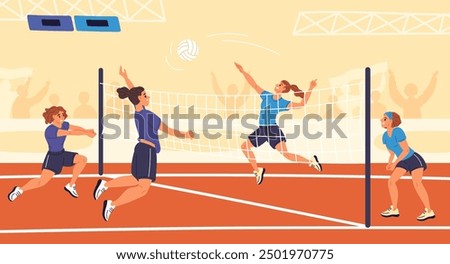 Volleyball tournament. Female sports team at competition. Women serving and hitting ball through net. Professional championship. Volleyballers play at stadium. Garish