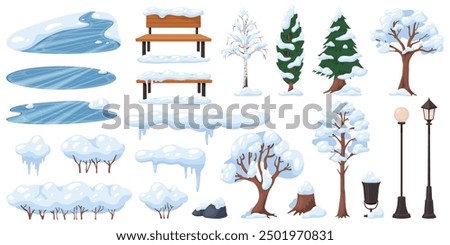 Cartoon winter nature elements. Snowy trees and bushes. Water lake ice. Lanterns and benches with snowdrifts. City parks. Snow with icicles. Frozen pond and puddles