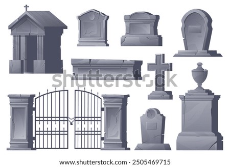 Cemetery elements. Old medieval graveyard items. Stone tombstones. Granite monuments with Christian crosses. Gothic lattice gates. Ancient RIP crypts. Churchyard