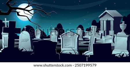 Night cemetery landscape. Ancient tombstones. Halloween background. Old gothic stone crypt. RIP inscription. Full moon in sky. Autumn bare tree. Scary graveyard panorama