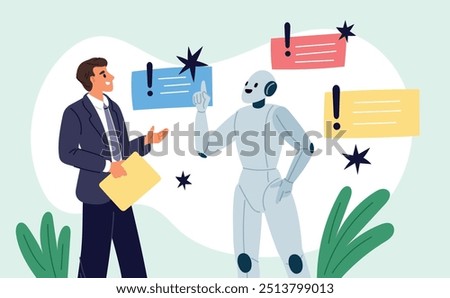 Human collaboration with artificial intelligence. Businessman talking to robot. Cyborg sharing ideas. Android and employee cooperation. Business communication. Garish