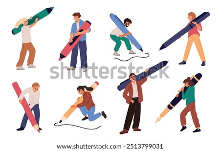 Tiny people hold big pens and pencils. Office stationery. Men and women write. Persons draw with markers. Business cartoon characters. Graphic designers and journalists