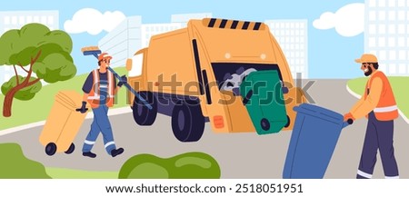 Cleaners load containers into garbage truck. Street cleaning with machine. Scavengers carrying dustbins. Wipers working. Trash removal. Janitors collecting rubbish