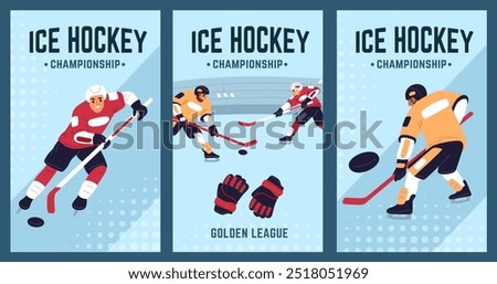 Ice hockey players cards. Sport games championship invitation. Professional athletes in uniform with clubs and pucks. Sportsman skating at rink. Goalkeepers gate. Garish