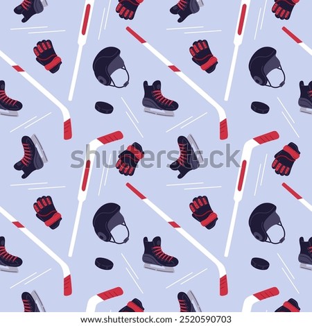 Ice hockey elements seamless pattern. Team sport. Repeated print. Clubs and pucks. Player clothing. Athletic competition. Skates and helmets. Winter accessories. Garish