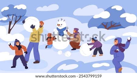 Happy family winter games. Funny parents with children make snowman and play snowballs. Outdoor snow activities. Cold season leisure. People walking in nature park