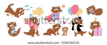 Cute river otters. Kawaii water animals. Fauna characters swim with fish. Mammals give holiday gifts. Funny marine creatures. Kawaii mascot sleeping. Birthday party