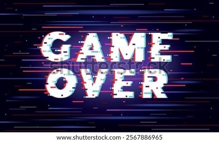 Game over screen with glitch effects. Video gaming. Distorted text with bugs. Visual noises. Digital interference. Failure graphic. Cyber dynamic distortion. Vector gamer