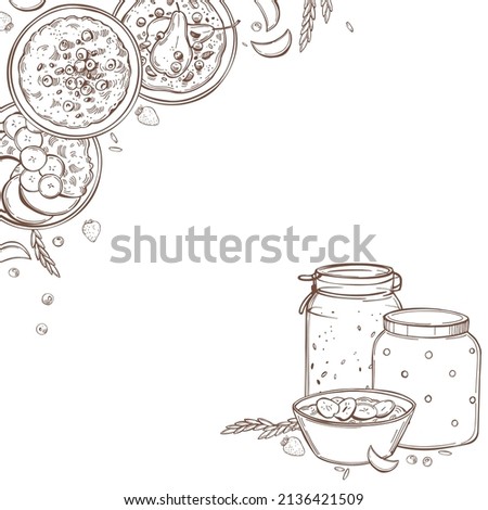 Hand-drawn porridge set.  Sweet porridges with various toppings in bowls. Cereals in jars. Healthy food concept. Vector background. Sketch illustration Photo stock © 