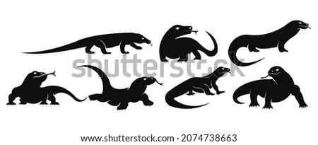 vector illustration of lizard portrait,silhouette komodo dragon set white background