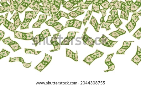 Falling dollars. Money cash flying, dollar raining. Fly american currency, wealth and financial abundance. Banking exact vector background