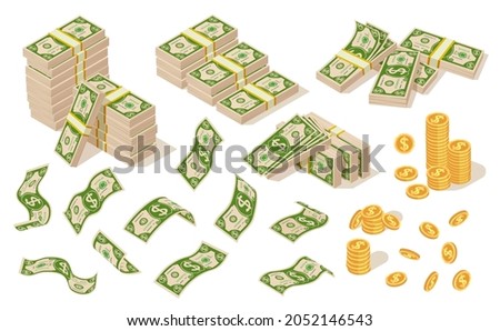 Isolated cartoon money cash. Dollars bundle, financial dollar bills. American currency, flying green banknotes. Prosperity wealth exact vector set