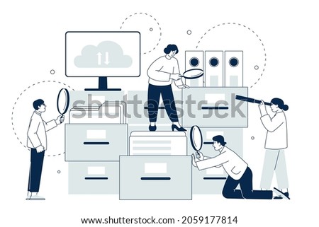 Searching file document. Data files search, people looking documents in computer. Organization and filing concept, office teamwork recent vector scene