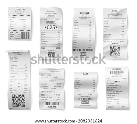 Retail bills. Check bill print, receipt of purchase or cafe. Isolated shopping paper receipts, store or restaurant invoice. Supermarket payments exact vector set