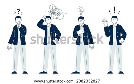 Man thinking character. Student confused, finding solution process. Satisfied think male, thoughtful person doubt. Find decision recent vector concept