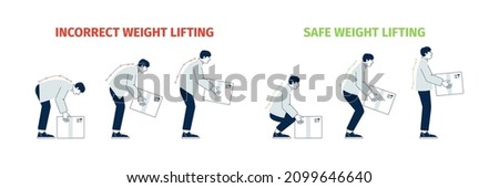 Correct lift heavy. Wrong lifting objects, man health safety tips. Right posture for back, safe handling technique load. Medical recent vector infographics