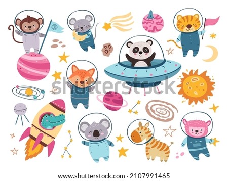 Space animals set. Panda astronaut in spaceship, cartoon animal. Dog, fox tiger in suit, crocodile in rocket explorer universe. Adventure neoteric vector set