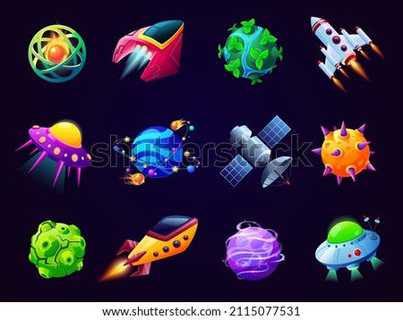 Cartoon planets and spaceships. Game spaceship, beautiful space orbit elements. Cosmos clipart, rocket and fantasy planet garish vector collection