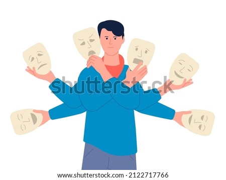 Fake emotions. Face mask changing person, various emotion or borderline disorder. Person has many expressions, anger and lie, recent vector concept