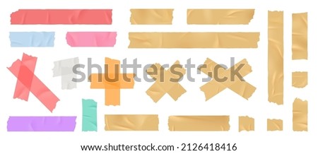 Scotch. Adhesive tape, color office glue paper stripes. Sticky bandage, different realistic tapes band. Torn elements, isolated decorative exact vector elements