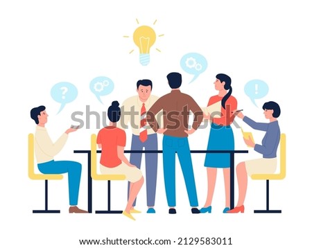 Teamwork and brainstorm. Innovation team office process, people group thinking project and discuss ideas. Career in economic, enterprise recent vector scene