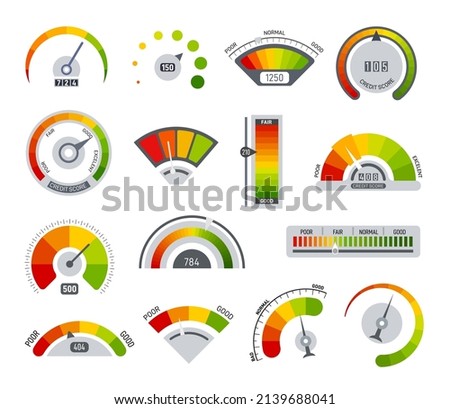 Credit indicators. Time and speed scores, speedometer indicator. Colorful scales, financial and credits measuring. Car gauge and power scale exact vector set Imagine de stoc © 
