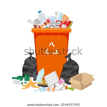 Garbage waste. Closeup dustbin, dirty garbage in container. Cartoon full rubbish bin. Isolated organic and plastic, metal can and bottles, exact vector scene