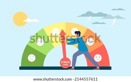 Stress level concept. Colourful mood scale, tired business man reduce anxiety and tired. Pain and emotions measure. Severe emotions recent vector scene