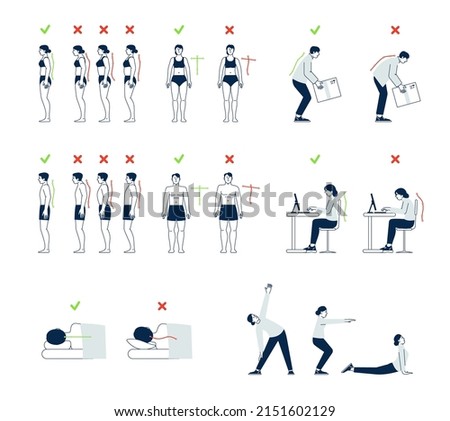 Correct positions. Posture infographics, physiotherapy and good sleeping. Properly stand, sit and lift weights. Right and wrong spine position recent vector set