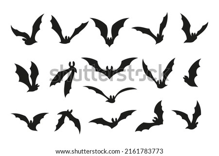 Flying bat silhouettes. Isolated black bats, graphic vampire symbols set. Gothic halloween swarm fly animals. Horror scary tidy decorative stencil for cut, vector bundle Foto stock © 