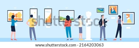 People in art gallery. Cultural man woman looking pictures in museum. Visit artist exhibit, painting exposition. Tourists on exhibition recent vector scene