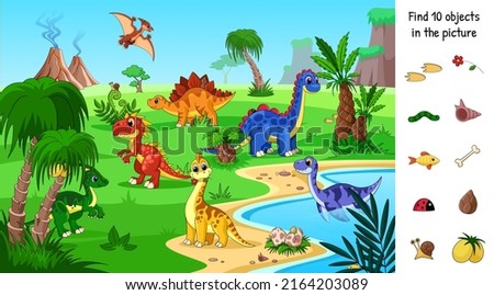 Hidden objects game. Dinosaur rainforest, visual gaming puzzle location to find 10 objects. Child cartoon garish landscape with dinos vector scene