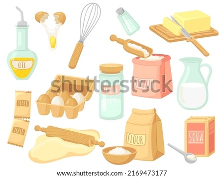 Cartoon food baking. Milk and salt, bake ingredients and tools. Fresh egg and powder, sugar for pastry. Isolated kitchen equipment, oil and butter neat vector set