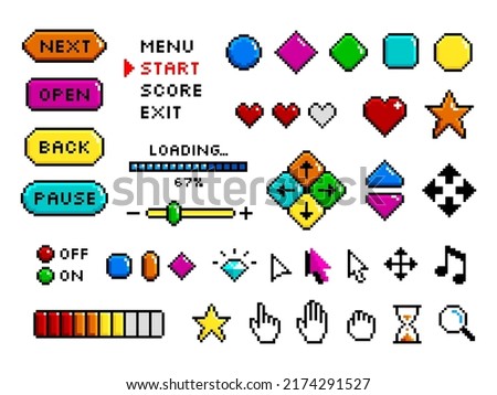 Pixel game button. 8-bit art collection for games, ui interface graphic. Gaming elements, video app for play symbols. Levels start menu tidy color vector set