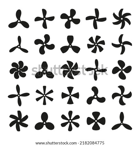 Marine screws icon. Propeller icon, electric boat motor blade. Airplane turbine, cooling fans propellers. Ship engine shapes, black fan tidy vector symbols
