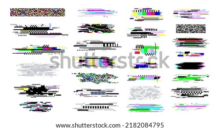 Digital decay elements. Television glitch effects, screen white noise and censored textures. Geometric darkness bright glitches. Pixel error racy vector set