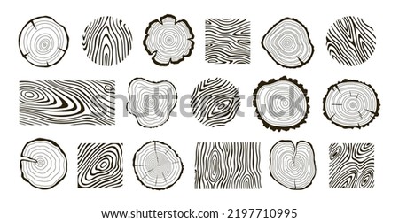 Wooden logs textures. Wood concepts graphics, lumber circles top view. Vintage outline tree rings stumps, cut trees structure racy vector collection