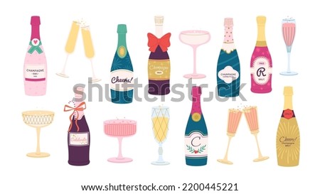 Champagne bottles, prosecco sparkling bottle and glasses. Vintage flat celebration party, new year holiday or wedding. Alcohol cheers racy vector elements