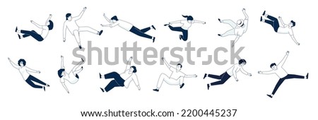Flying and falling people isolated on white. Men and women float in weightlessness, human stumbles and fall down. Recent vector various characters