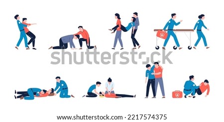 First aid medical procedures, emergency and resuscitation. 911 or 112 ambulance and paramedics with patient. Rescue training, cpr recent vector scenes