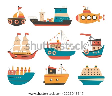 Doodle scandinavian style childish ship. Sailboat and submarine, isolated kids marine transport clipart. Cartoon yacht, sailing vessel classy vector sea collection